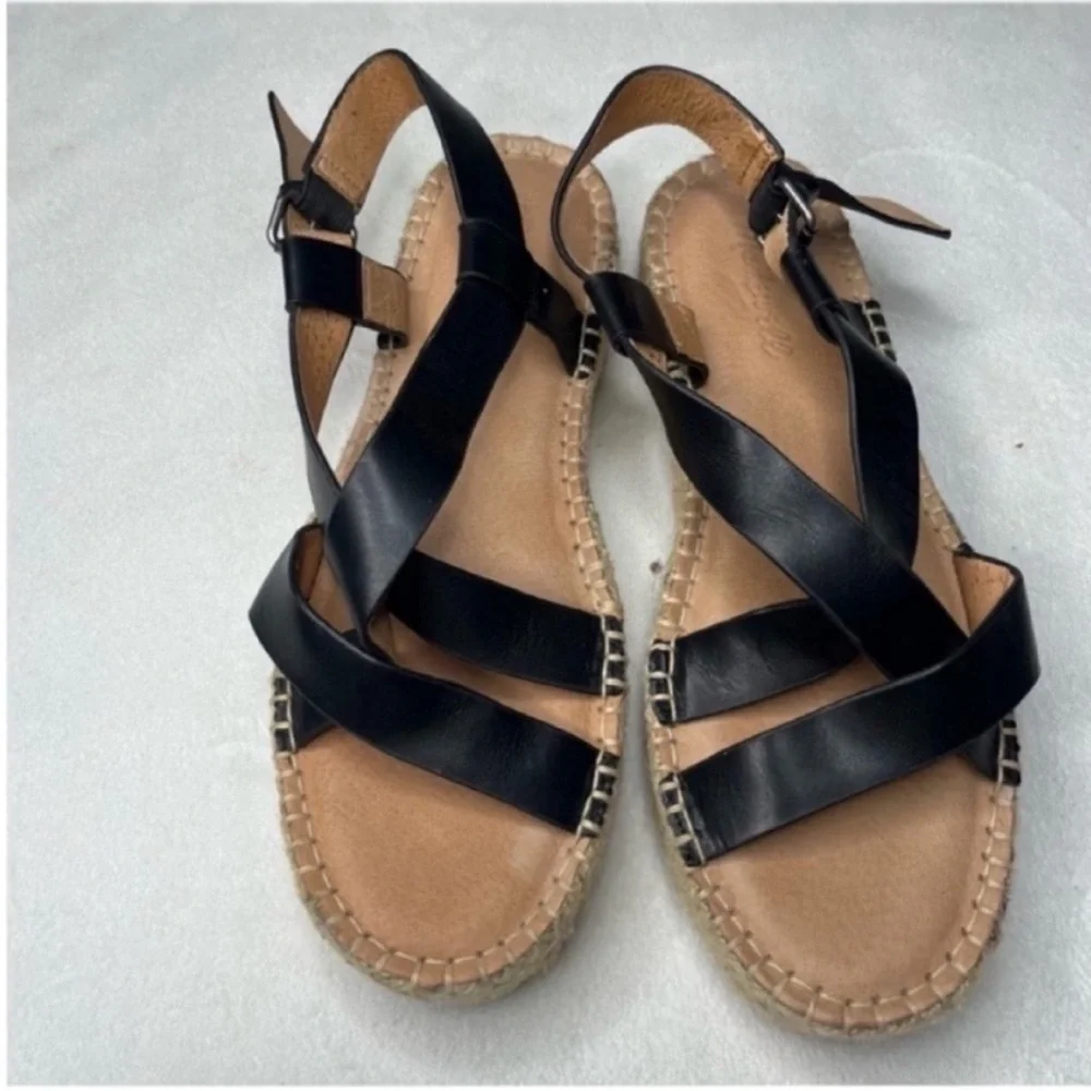 Madewell Malia Black Leather Cross-Strap Espadrille Platform Sandal Size 8.5